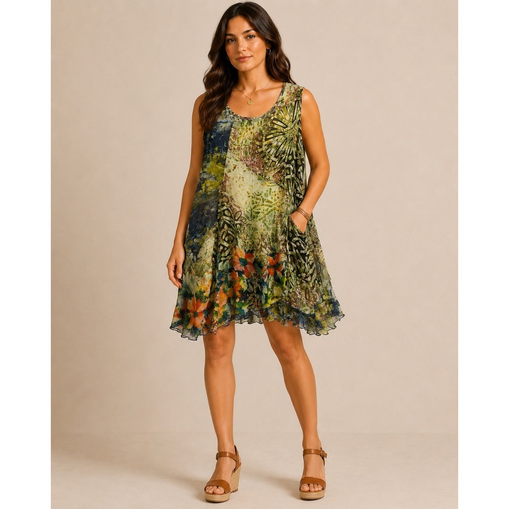 Klozlyne‎ Sheer Floral Pocket Mini Dress L Boho Artsy Lagenlook Cottagecore